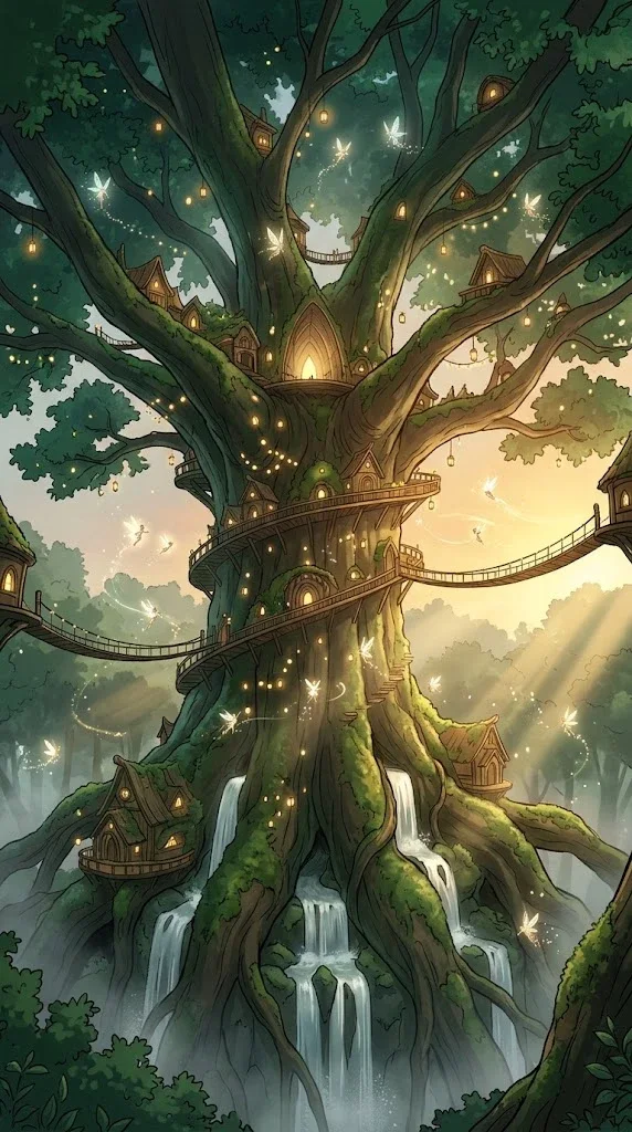 La Sylve : un arbre immense aux maisons suspendues, éclairé de lanternes et de lucioles