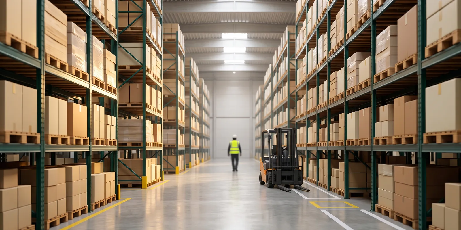 Warehouse aisle with pallet racking and a forklift