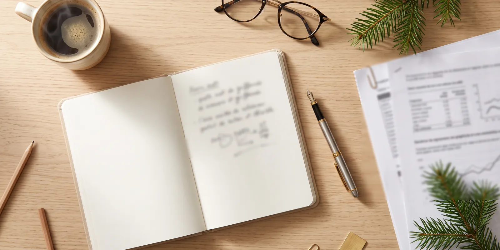 Carnet ouvert, stylo plume, documents et branche de pin sur un bureau en bois