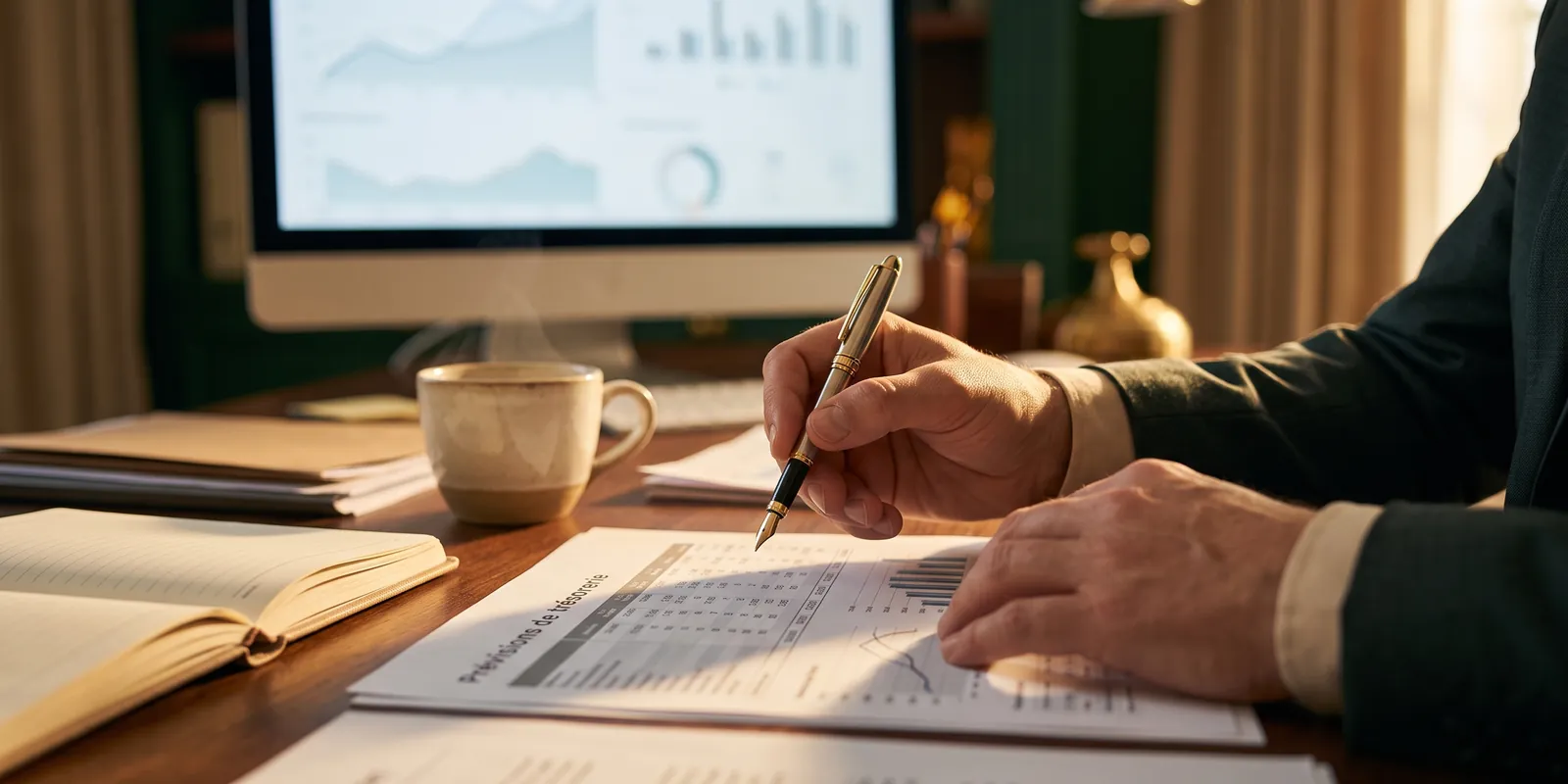 Hands annotating a cash flow forecast on a desk, charts on screen