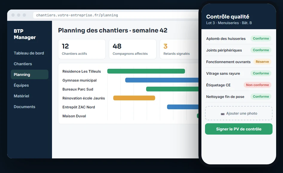 Exemple d'écran : planning des chantiers sur ordinateur et check-list de contrôle qualité sur téléphone