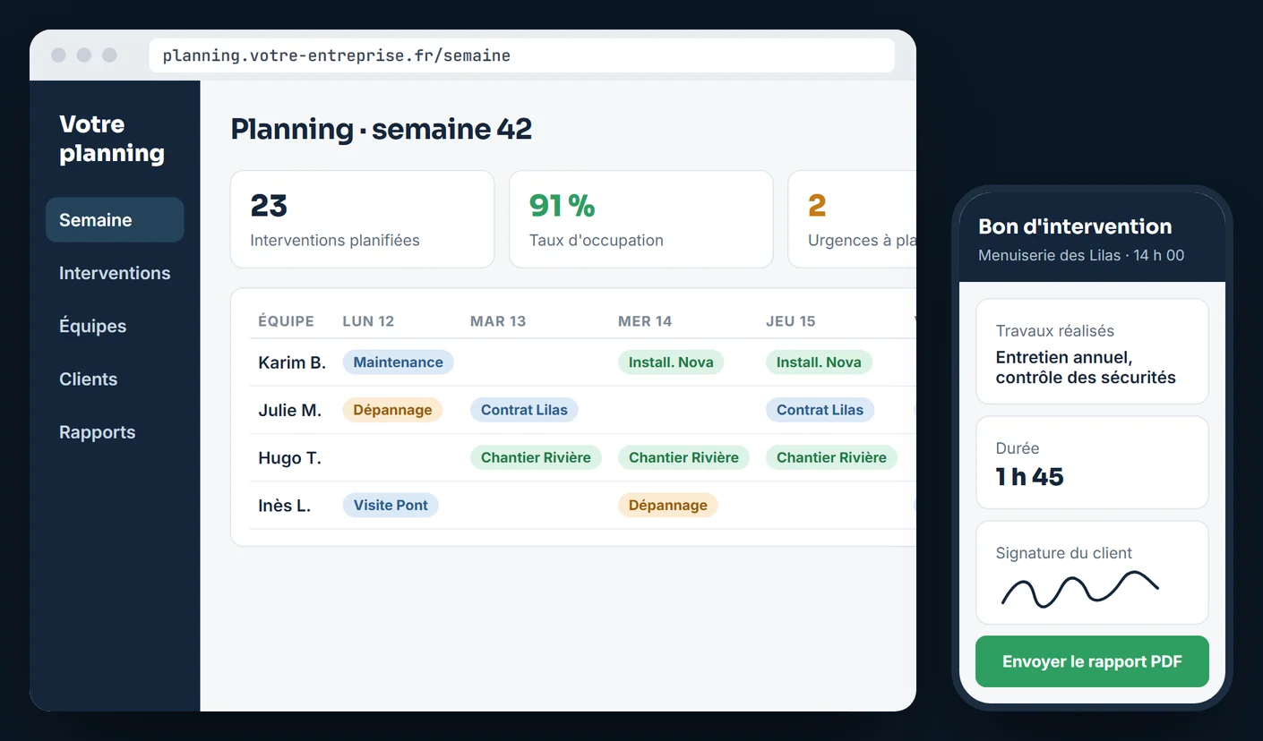 Exemple d'écran : planning de la semaine par technicien et bon d'intervention signé sur téléphone