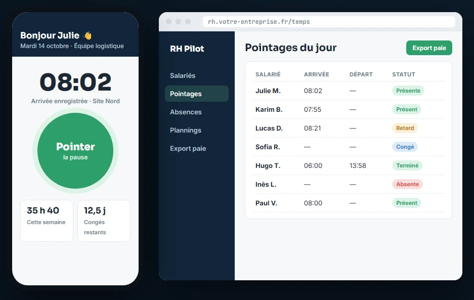 Exemple d'écran : bouton de pointage sur téléphone et tableau des pointages du jour