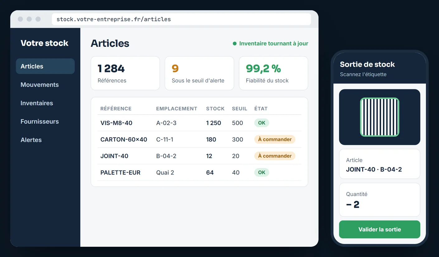 Exemple d'écran : liste des articles en stock avec seuils d'alerte et sortie de stock par scan sur téléphone