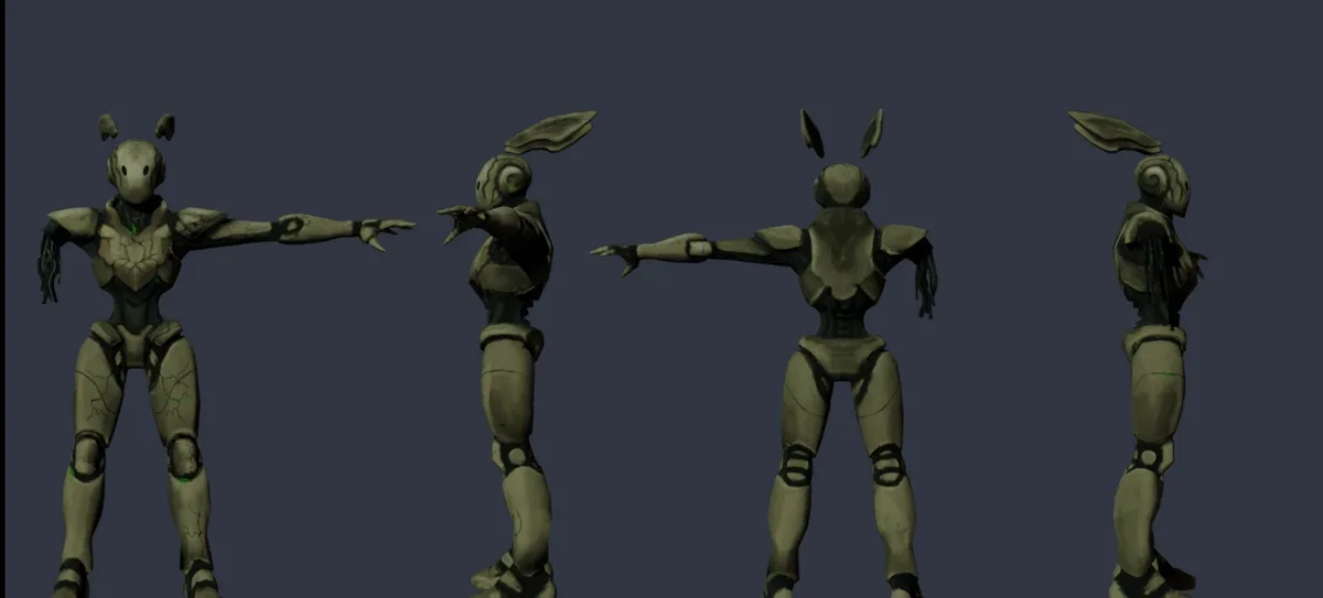Kanashi : modèle 3D de l'héroïne vu de face, de profil et de dos