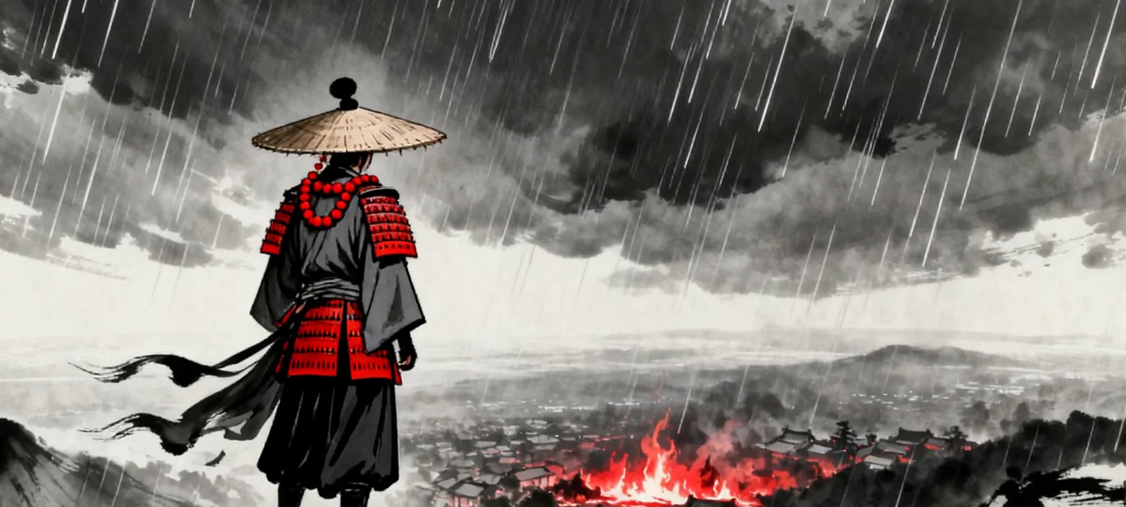 Yokai TD : un rōnin sous la pluie regarde un village en flammes, à l'encre noire et rouge