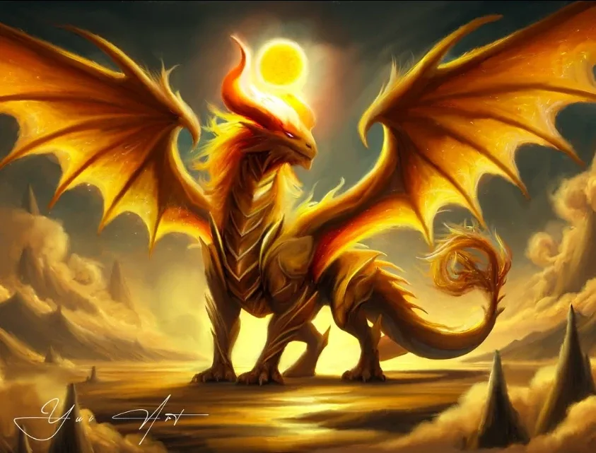 Illustration de Yui Art : un dragon d'or aux ailes déployées devant un soleil