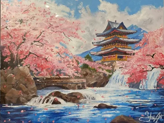 Peinture de Yui Art : une pagode au milieu des cerisiers en fleurs, au bord d'une rivière