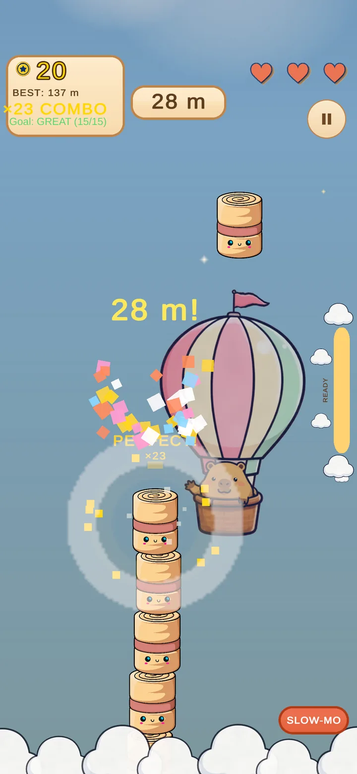 The tower at altitude — ×24 combo and a hot-air balloon